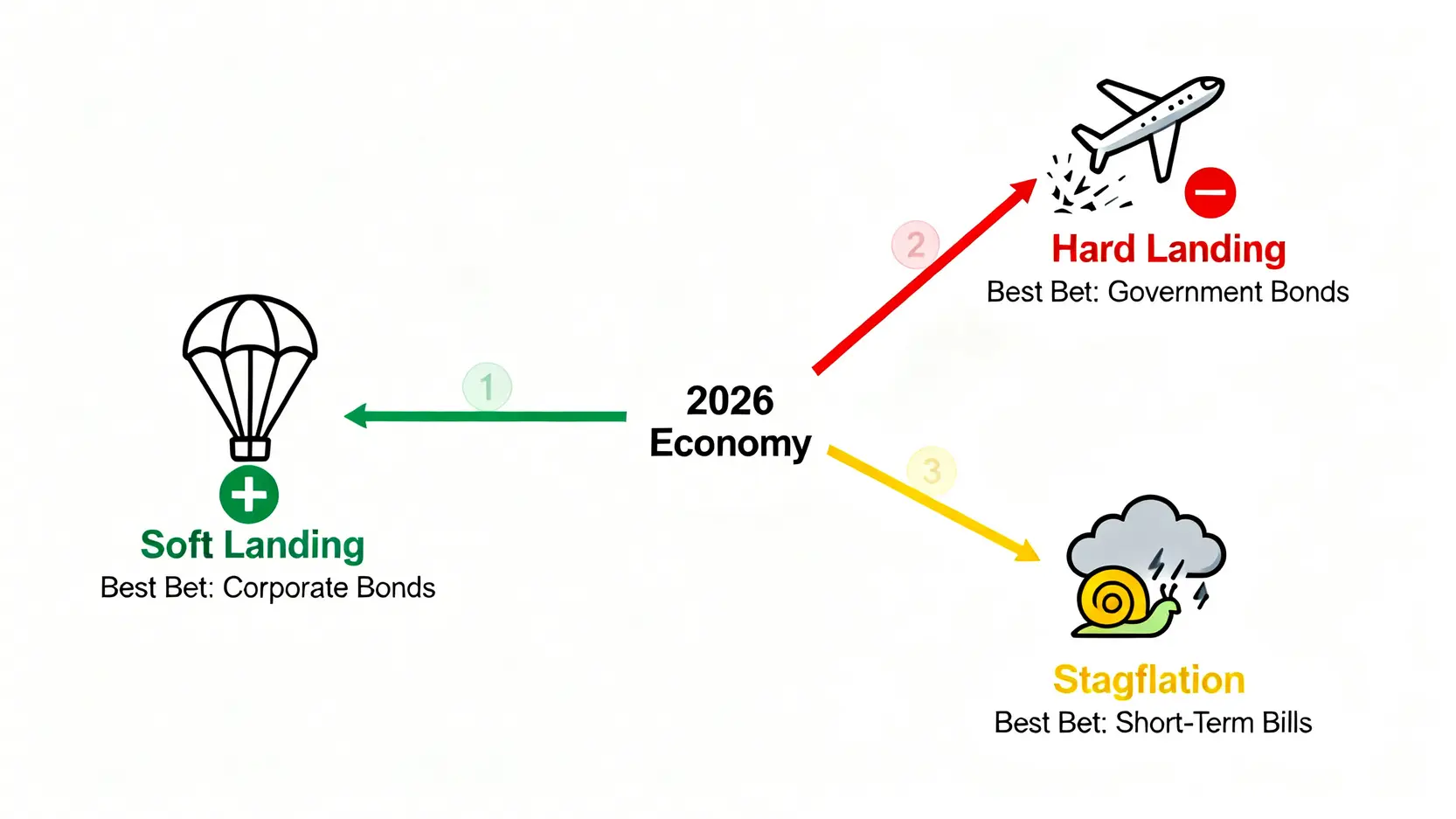 升息對債券影響全解析:2026年投資組合的3大風險與選債策略 3 2026年三大經濟情境下的債券投資策略圖,包含軟著陸、硬著陸與停滯性通膨的應對方案。