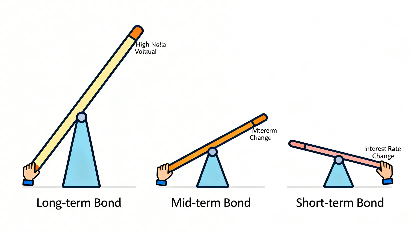 2026降息循環啟動,美債ETF怎麼買?專家級風險與時機全解析 3 一張比較長、中、短期債券利率敏感度的示意圖,用長短不同的蹺蹺板比喻存續期間(Duration)的風險差異。