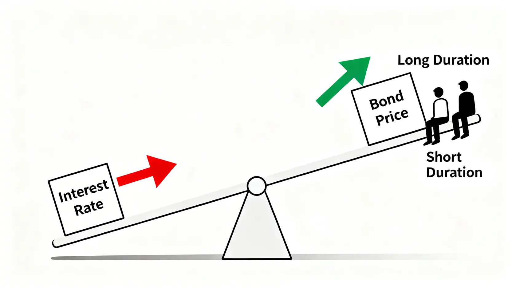 2026降息實戰手冊:用「存續期間」精算3大美債ETF超額報酬與風險 2 存續期間概念示意圖,以蹺蹺板說明利率下降時,長存續期間債券價格上漲幅度遠大於短存續期間債券。