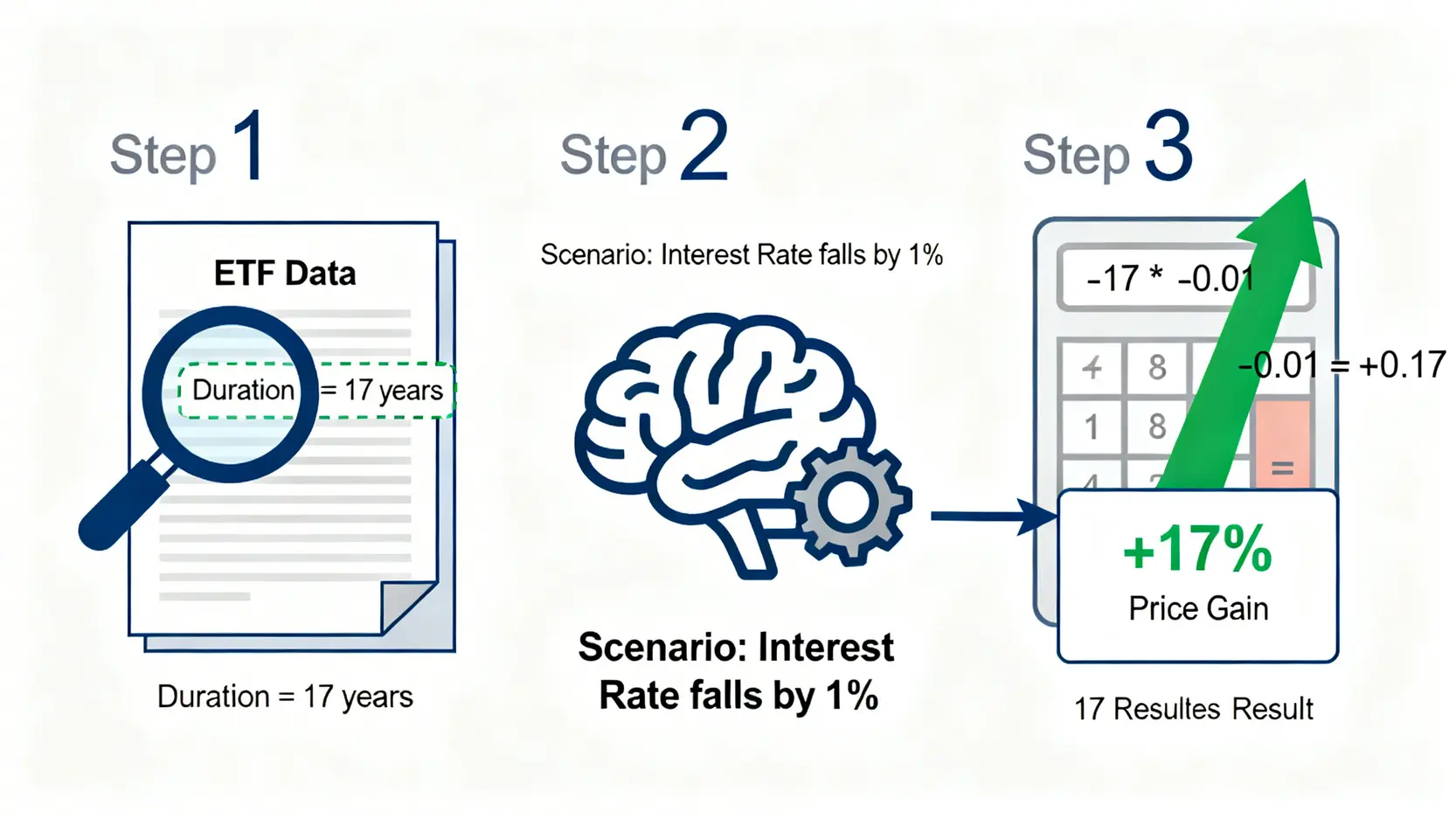 2026降息實戰手冊:用「存續期間」精算3大美債ETF超額報酬與風險 3 債券ETF報酬率計算流程圖,顯示如何使用17年的存續期間和下降1%的利率,計算出17%的預期價格上漲。