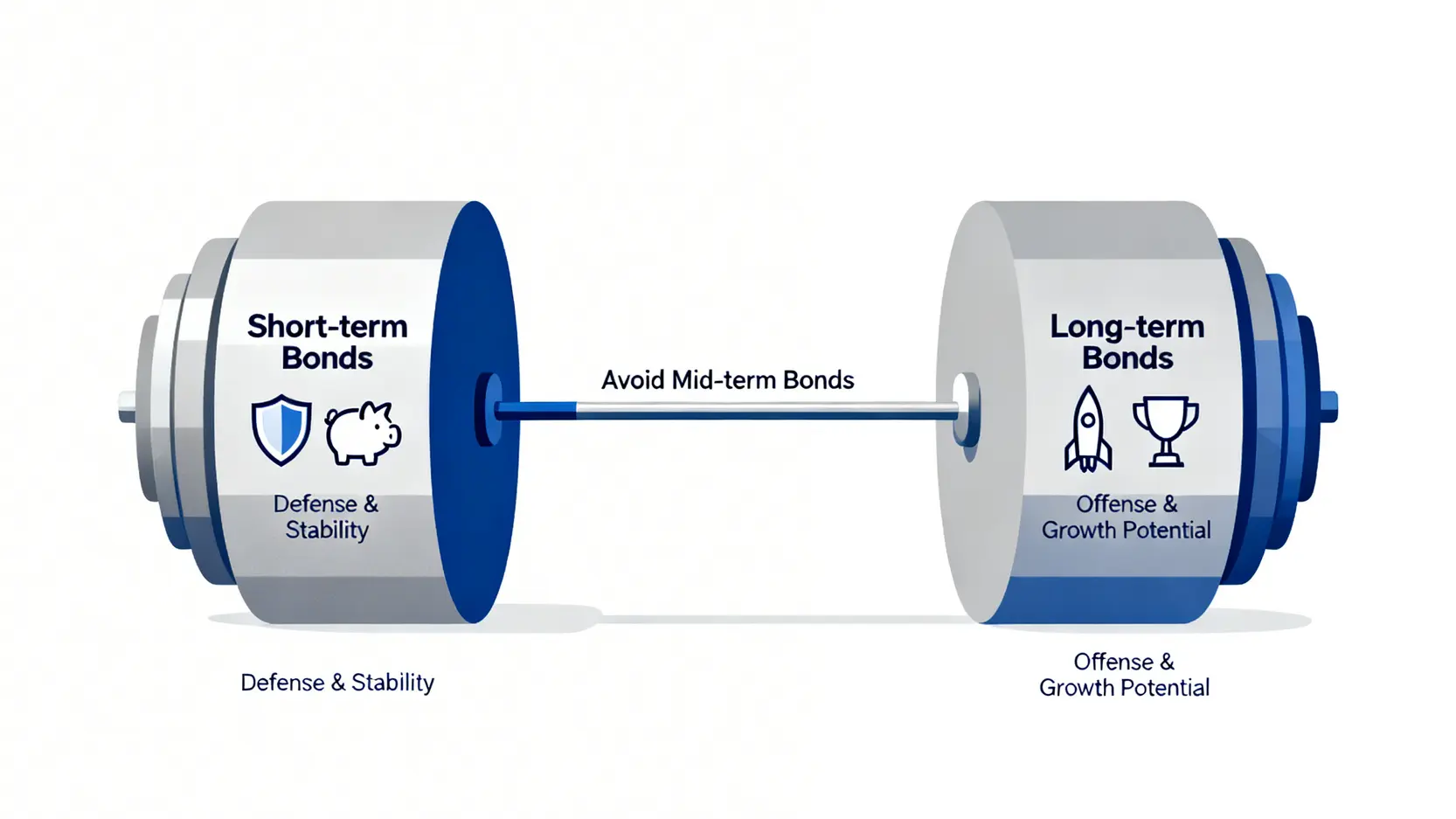 2026降息實戰手冊:用「存續期間」精算3大美債ETF超額報酬與風險 4 槓鈴策略示意圖,顯示資產配置集中於短天期債券(防守)和長天期債券(進攻)兩端。
