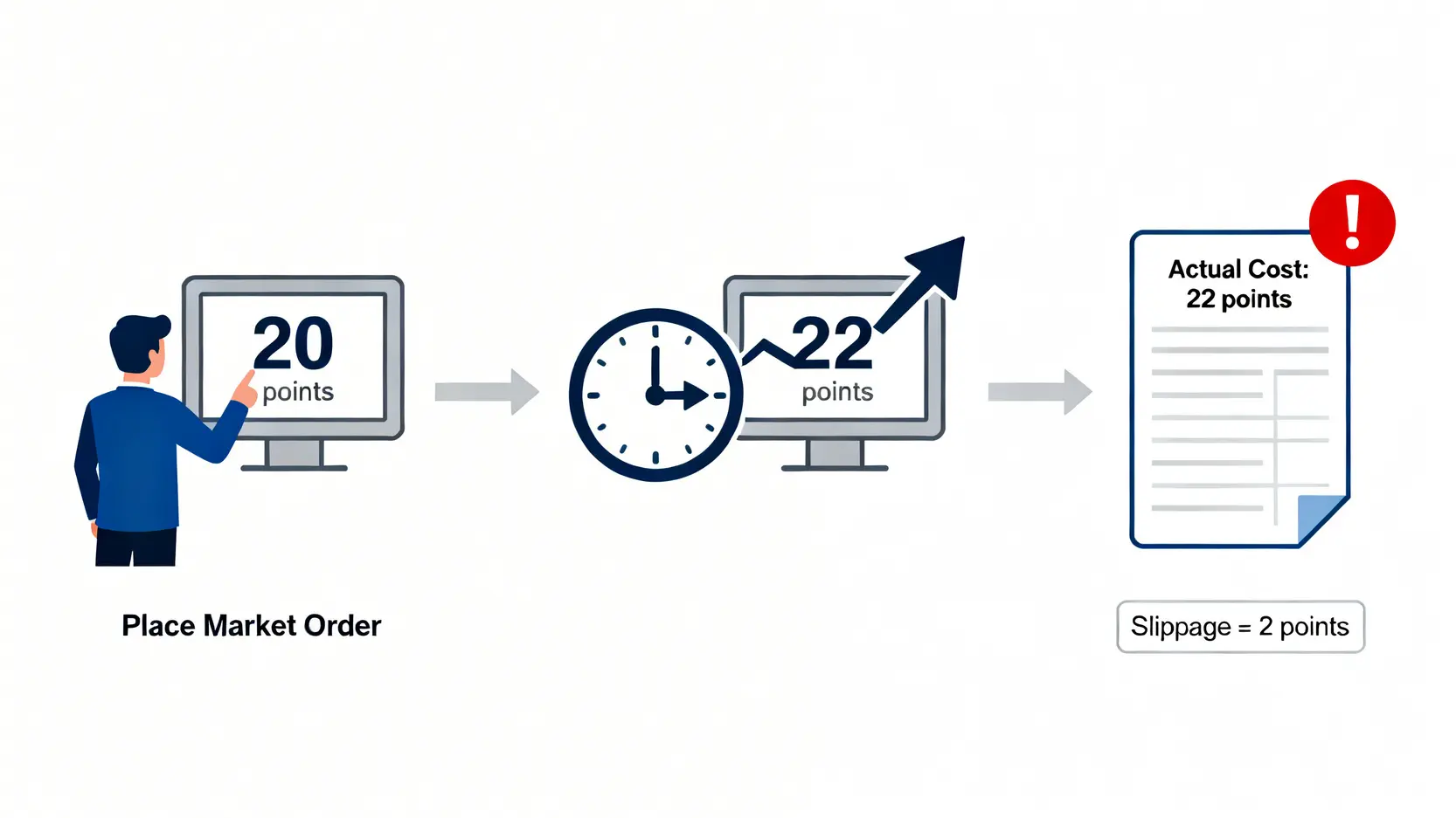 台指選擇權手續費深度分析:交易成本與風險控制實戰指南 3 解釋交易滑價的流程圖,顯示交易者下單時價格為20點,但因市場快速波動,最終成交在22點,產生了2點的滑價成本。