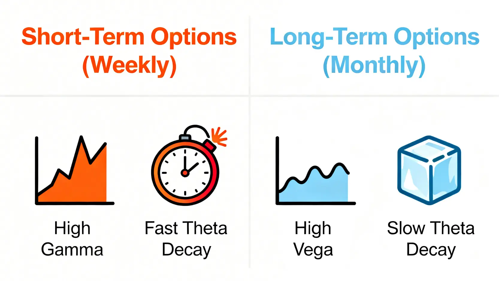 台指選擇權手續費深度分析:交易成本與風險控制實戰指南 4 一張對比圖,比較短天期(週)選擇權與長天期(月)選擇權的風險特性。週選擇權具有高Gamma風險和快速時間衰減,而月選擇權則有高Vega風險和緩慢時間衰減。