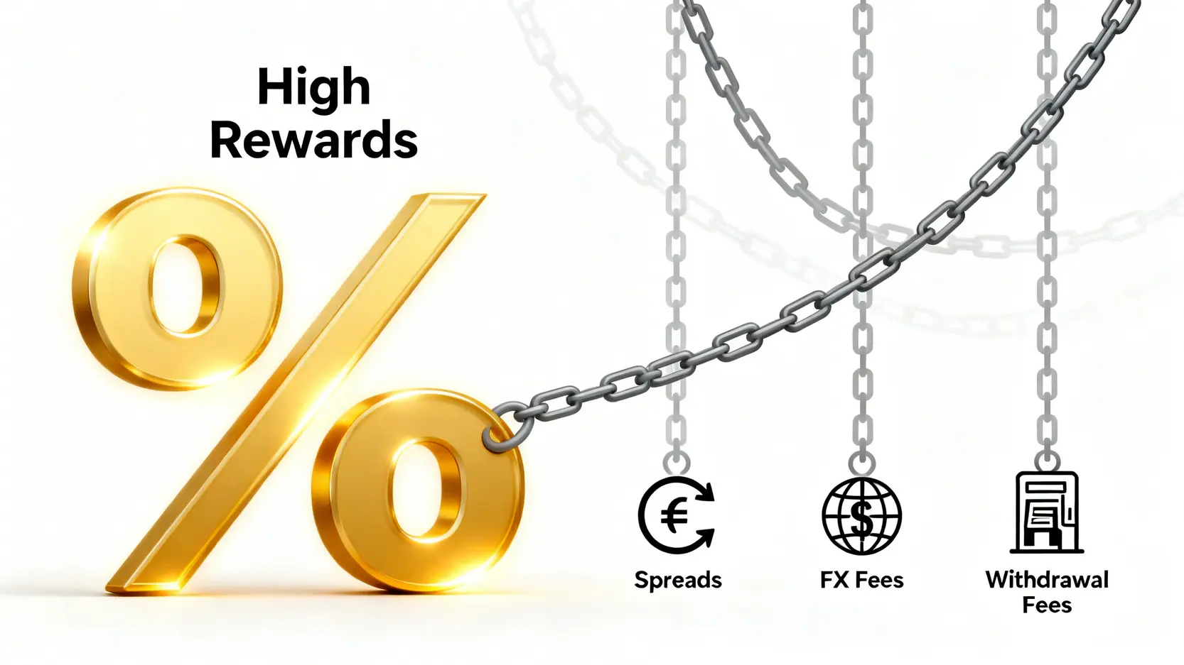 【2026實測】台灣5大加密貨幣信用卡成本分析:隱藏費用與風險評級 2 總持有成本概念圖,顯示高額回饋被各種隱藏費用所拖累。