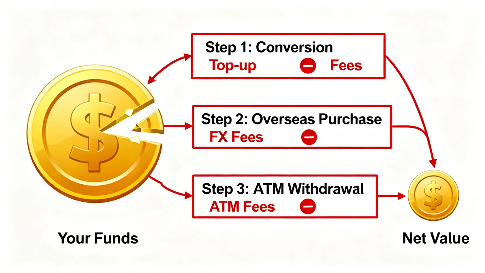 【2026實測】台灣5大加密貨幣信用卡成本分析:隱藏費用與風險評級 3 資金旅程三步驟成本分析流程圖,顯示儲值、消費、提款過程中費用如何侵蝕本金。