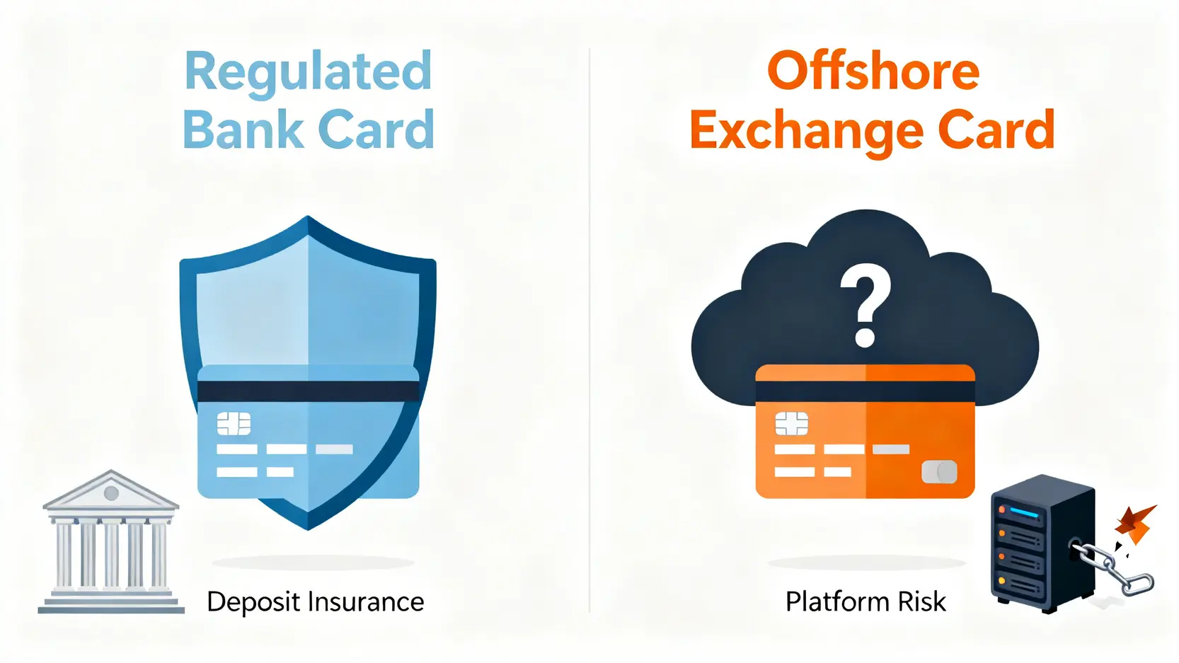 【2026實測】台灣5大加密貨幣信用卡成本分析:隱藏費用與風險評級 4 銀行發行卡片與交易所發行卡片的風險對比圖,顯示了監管保障與平台風險的差異。