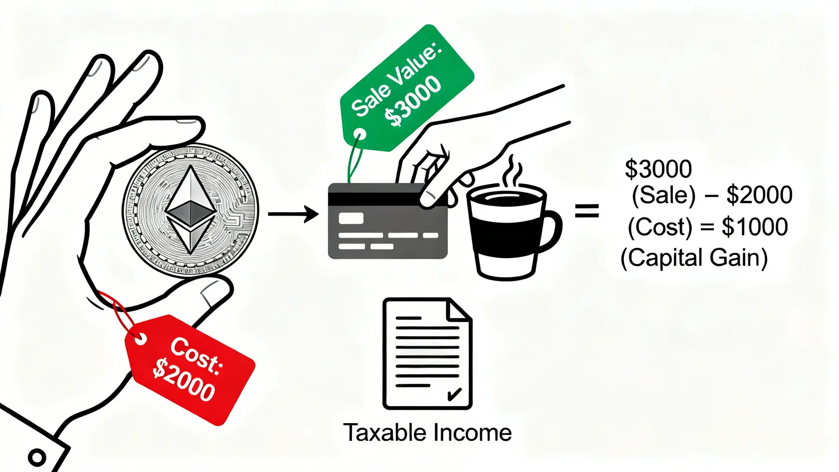 【2026風險評測】5張加密貨幣信用卡實測:隱藏費用、稅務 3 圖解加密貨幣消費的稅務計算,以購買咖啡為例,說明售價減去成本後產生的資本利得需要被視為應稅所得。