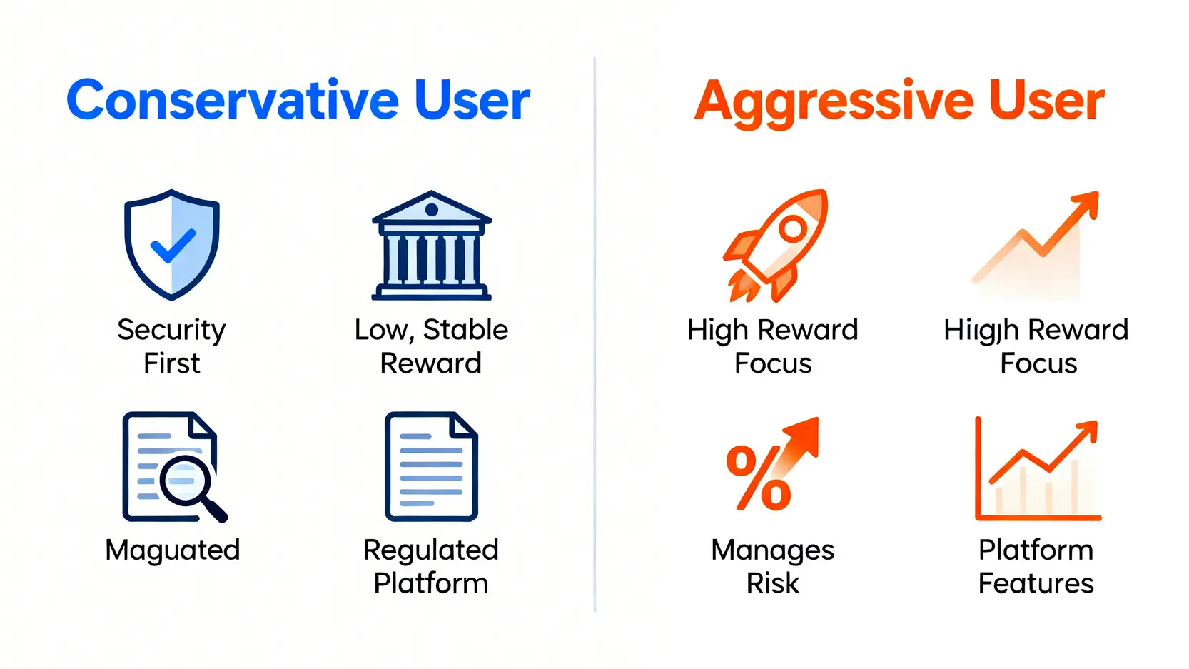 【2026風險評測】5張加密貨幣信用卡實測:隱藏費用、稅務 4 保守型與積極型用戶在選擇加密貨幣信用卡時的策略對比圖,保守型注重安全與監管,積極型追求高回饋與功能。