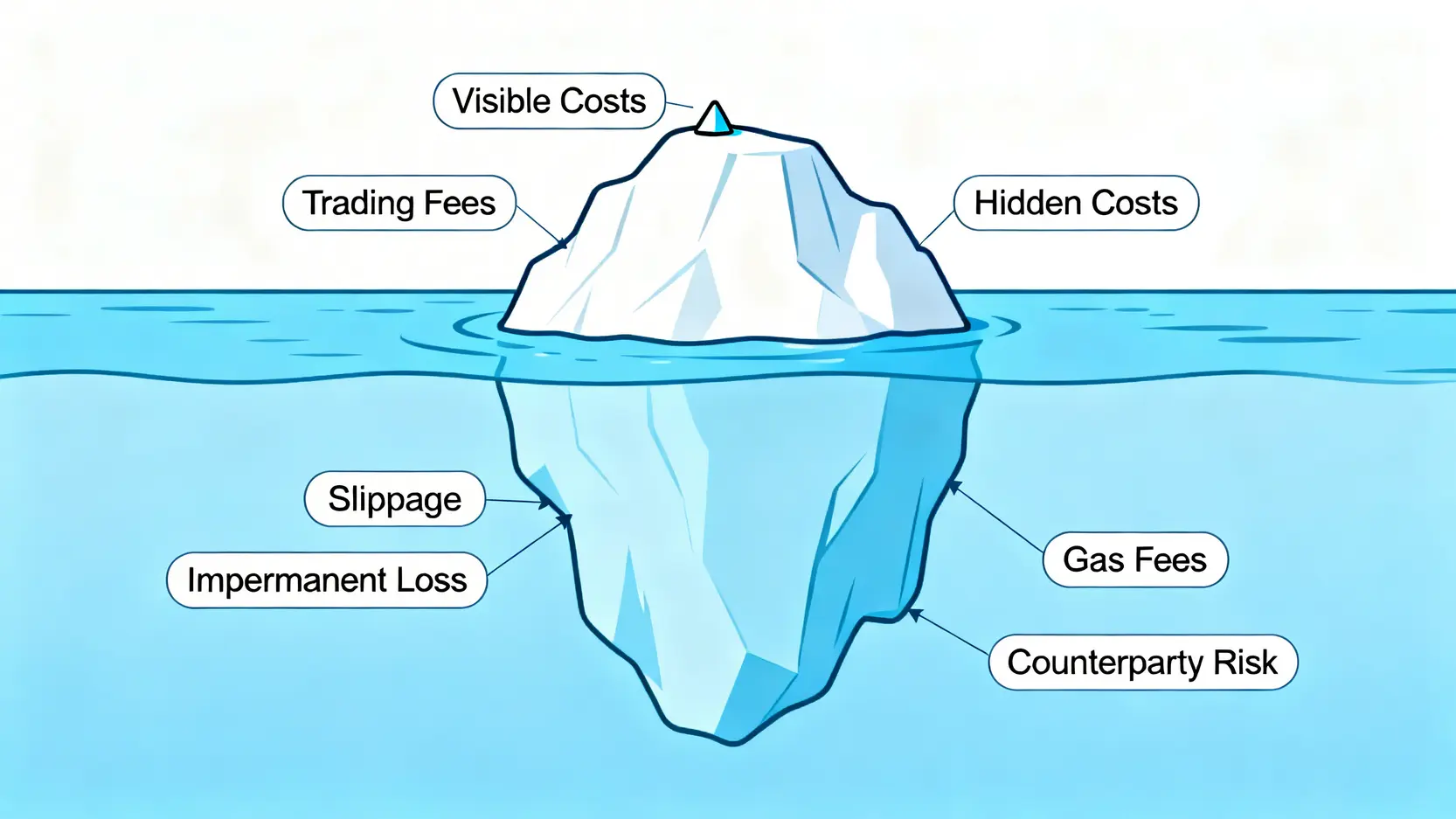 2026加密貨幣投資審計:精算滑點、Gas Fee與真實年化報酬率的專家指南 2 一個說明投資成本的冰山圖。可見成本如交易手續費是水面上的冰山一角,而隱藏成本如滑價、Gas費和無常損失則構成了水下更龐大的部分。
