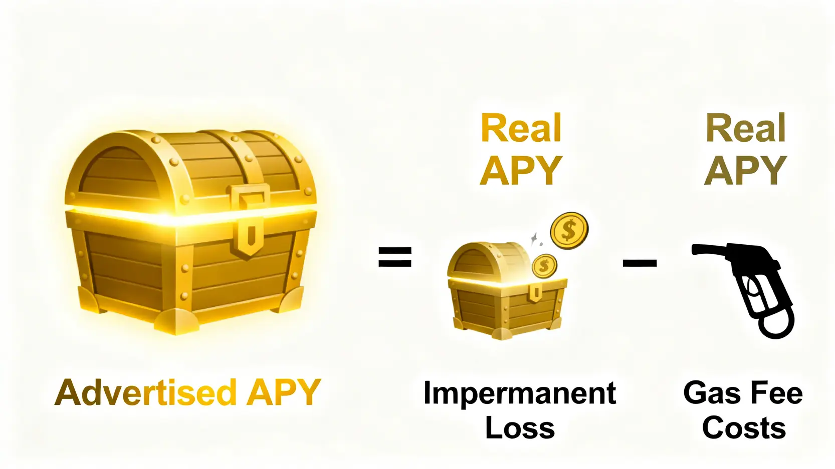 2026加密貨幣投資審計:精算滑點、Gas Fee與真實年化報酬率的專家指南 3 一個解釋真實年化報酬率的公式圖。顯示宣傳的APY減去無常損失和Gas費成本後,才等於真實的APY。