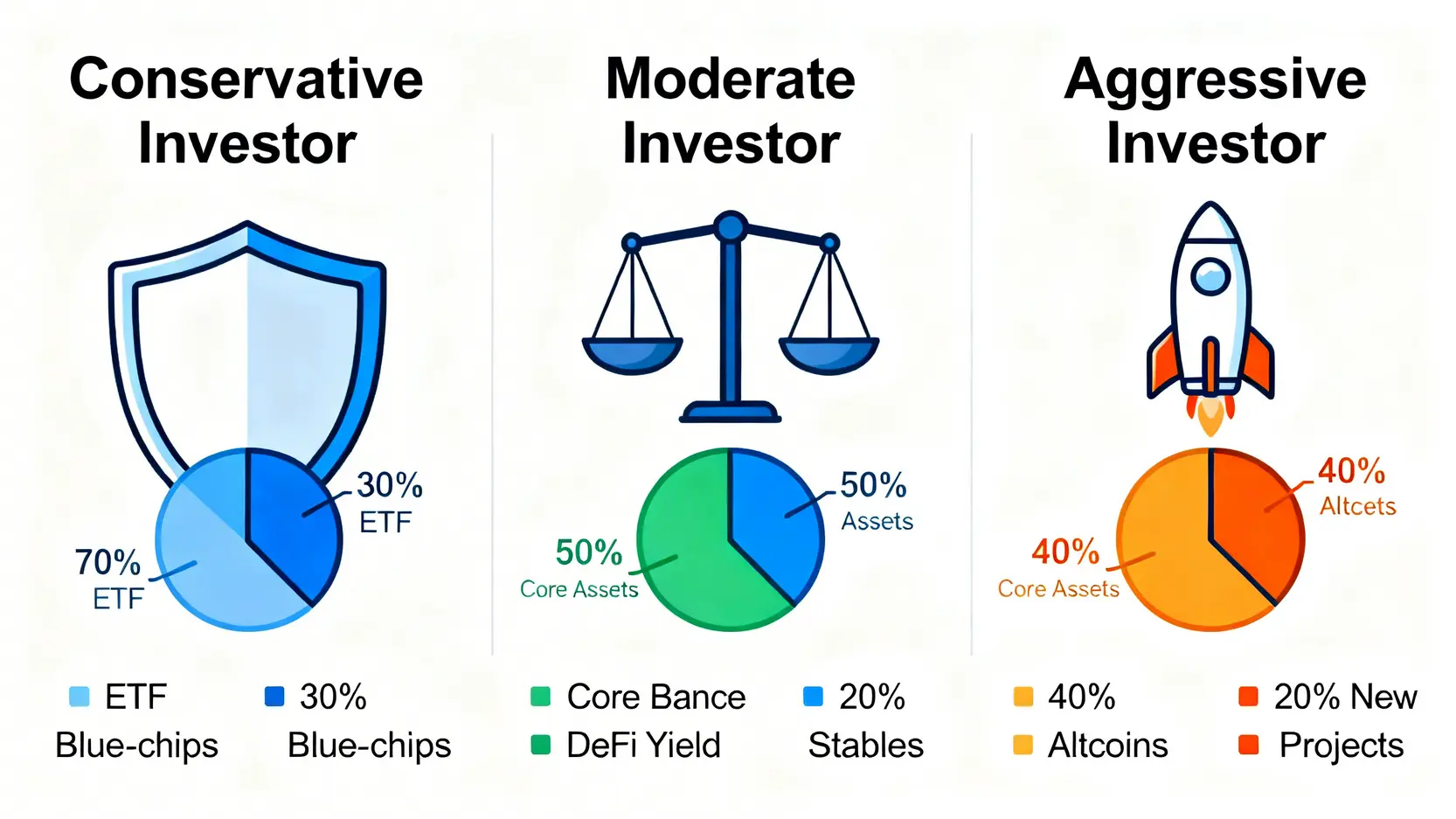 2026加密貨幣投資審計:精算滑點、Gas Fee與真實年化報酬率的專家指南 4 一張對比三種投資者風險類型的圖表。保守型以ETF和藍籌幣為主,穩健型結合現貨與DeFi,積極型則探索新興項目。