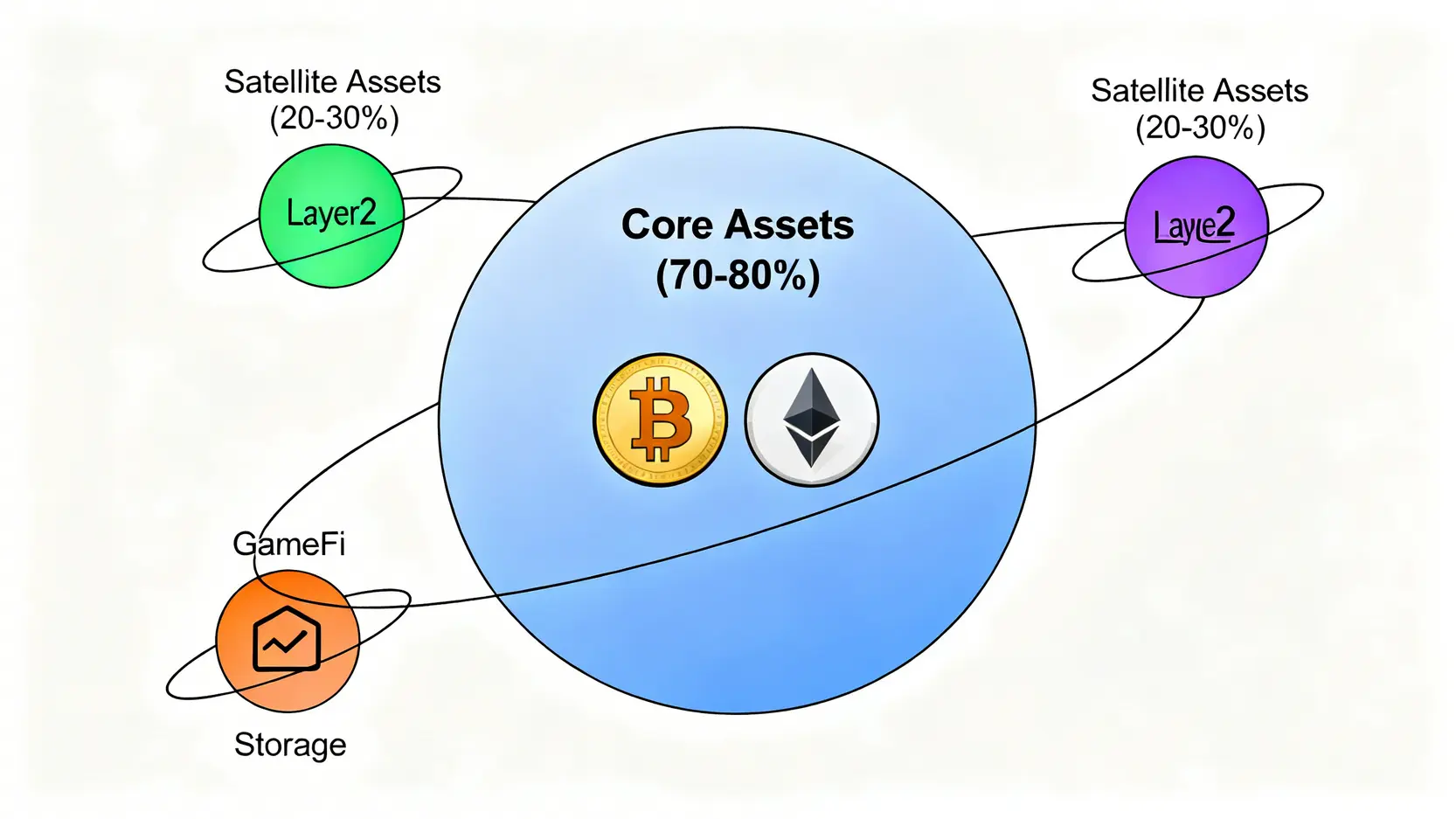 2026加密貨幣投資風控指南:解析4大隱形成本與資產配置戰略 3 核心-衛星投資組合策略示意圖,中心為佔70-80%的核心資產如比特幣和以太坊,周圍環繞著佔20-30%的衛星資產。
