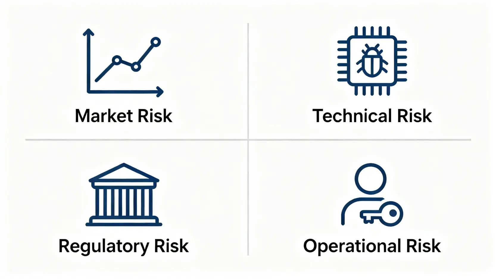 加密貨幣風險管理框架 (2026):專業投資者視角的4大風險矩陣 2 加密貨幣四大風險象限矩陣圖,包含市場風險、技術風險、監管風險與操作風險。