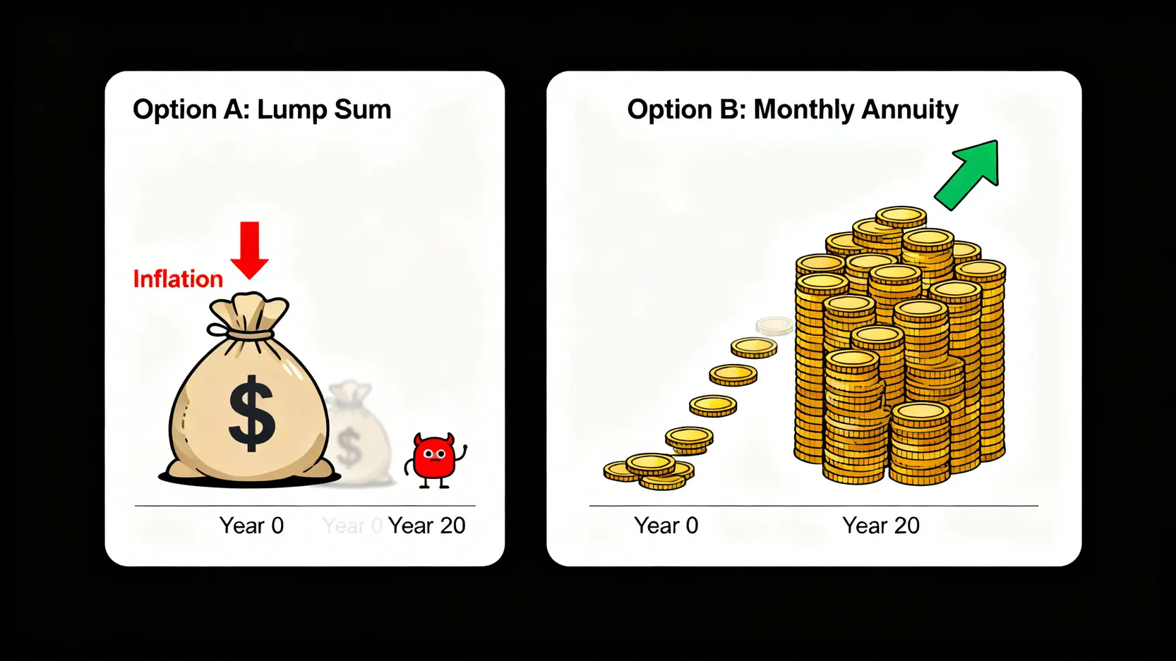 2026老人年金領取策略:專家精算三大情境最佳方案 3 勞保一次領與月領的長期收益對比圖,顯示月領因抗通膨而總額更高。