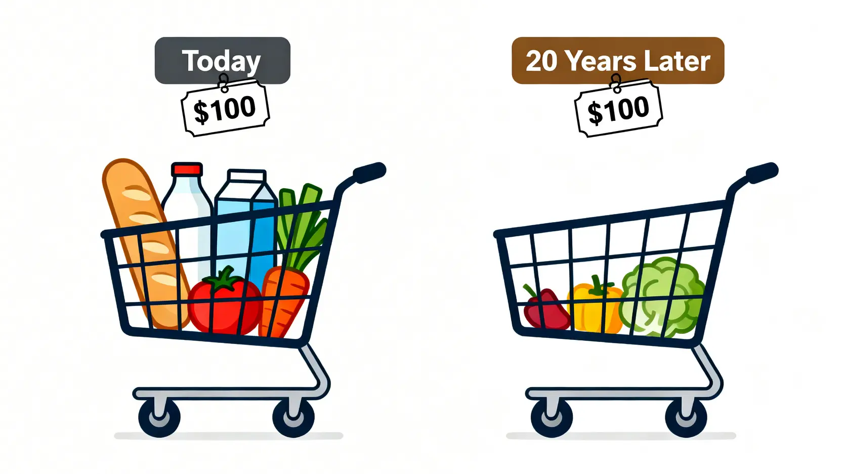 2026退休年齡新制:教你算清通膨後的真實價值 2 一張圖表顯示通貨膨脹如何降低購買力,今日100元能裝滿購物車,20年後同樣的錢只能買到一半商品。