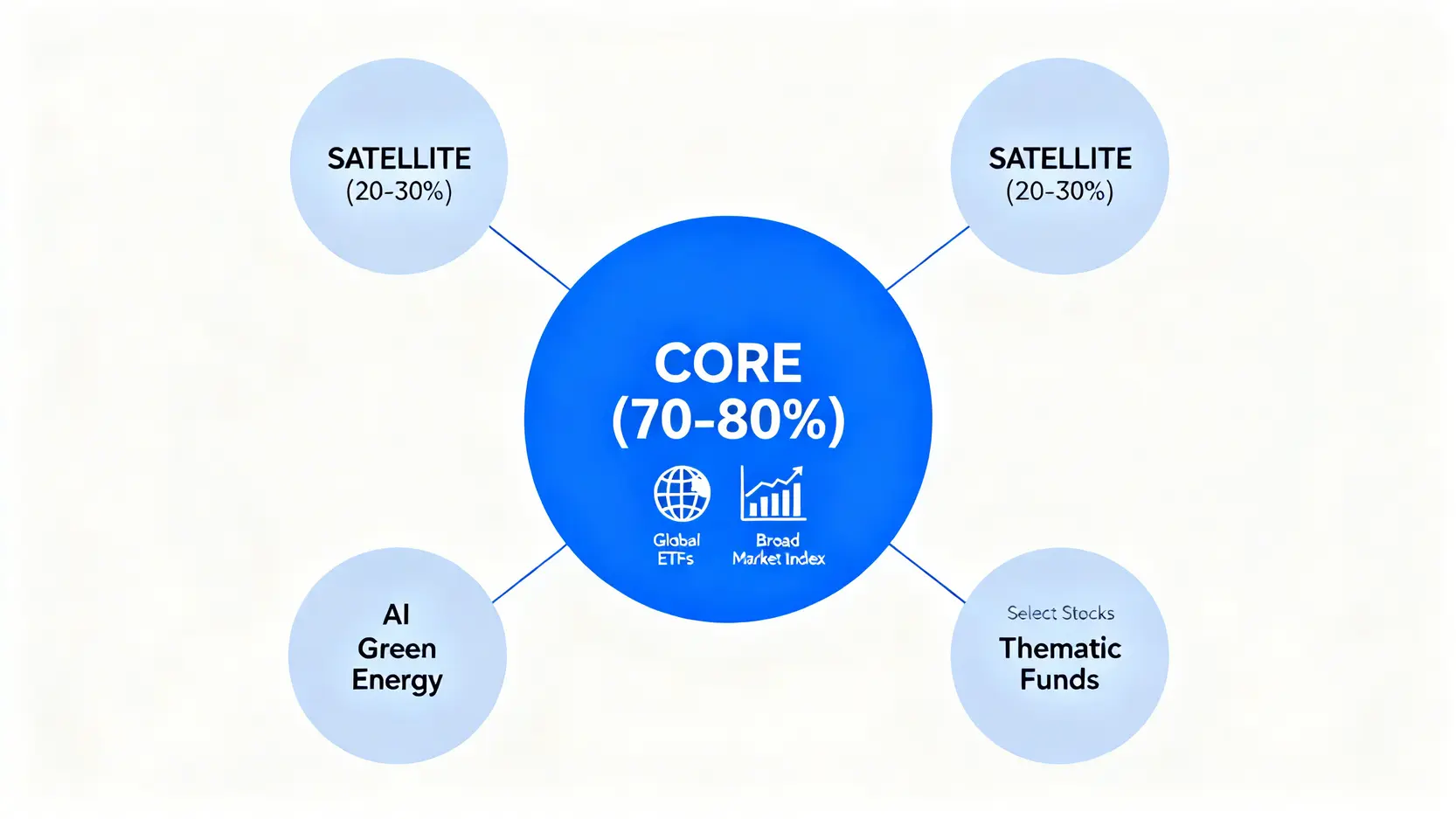 2026勞保月退試算:財務專家教你補足退休缺口 3 核心衛星投資策略示意圖,顯示資產配置的比例。