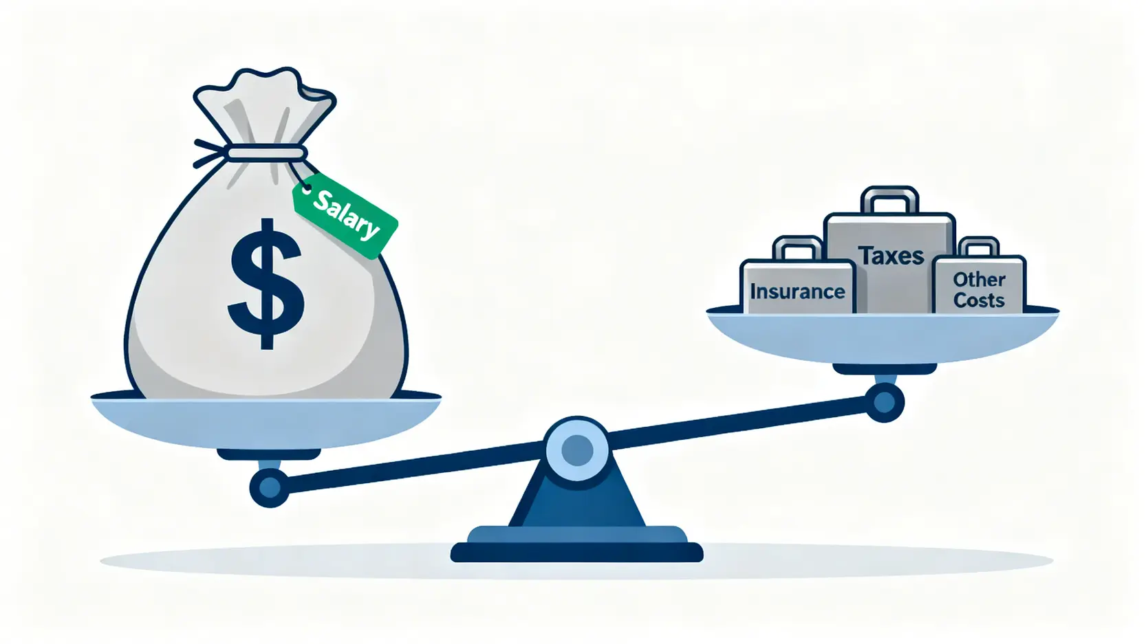 退休再就業划算嗎?2026財務模型算清5年損益與退休金全攻略 2 一個天秤,左邊放著一大袋標示為「薪資」的錢,右邊放著三個標示為「稅負」、「健保」和「其他成本」的砝碼,說明再就業的收入與成本需要權衡。