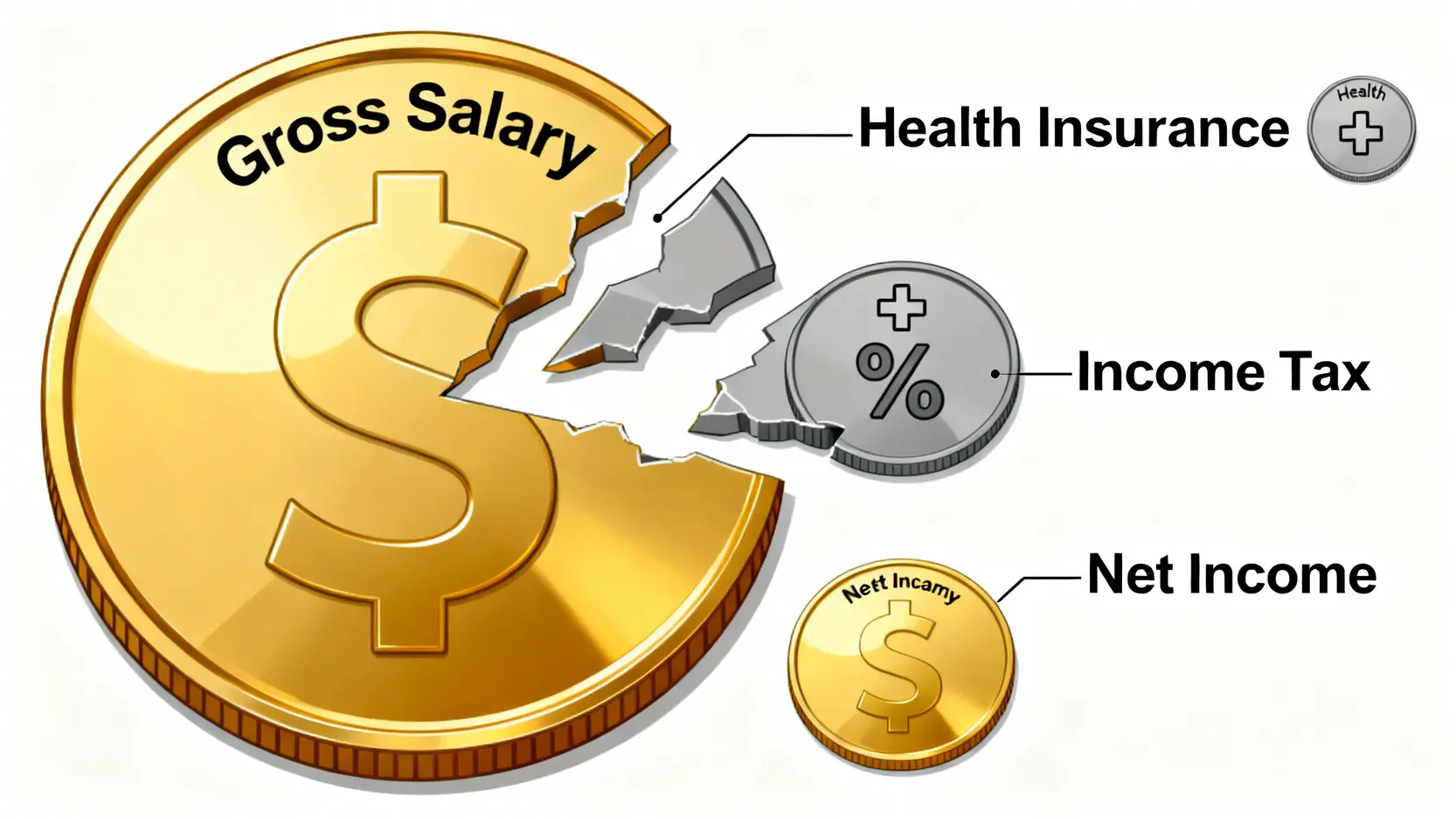 2026退休再就業財務規劃:一篇搞懂勞退、健保、稅務與實質收益 2 一張概念圖,顯示一個標示為「表面薪資」的大金幣,被標示為「健保費」和「所得稅」的小塊侵蝕後,變成了較小的「淨收益」金幣。