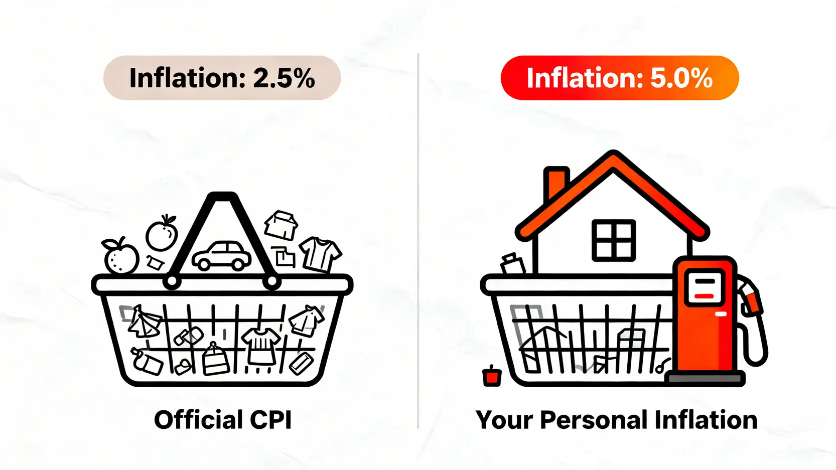 2026個人理財防禦指南:從抗通膨到資產配置,建立你的反脆弱財務系統 3 官方CPI與個人通膨率對比圖,顯示個人因支出結構不同,實際通膨感受可能更高。