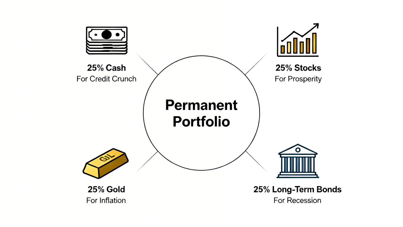 2026個人理財防禦指南:從抗通膨到資產配置,建立你的反脆弱財務系統 4 永久投資組合的資產配置圖,顯示股票、債券、黃金和現金各佔25%。