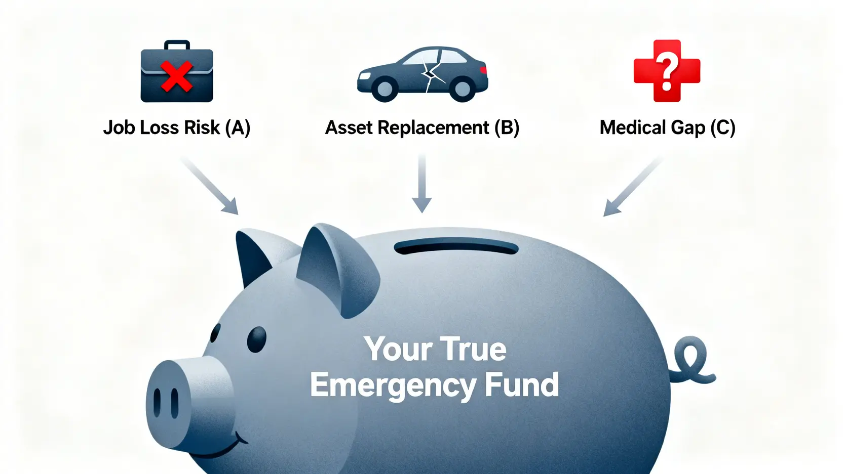 2026個人理財指南:5大抗風險策略與資產配置實戰表 2 CFO級別的緊急預備金計算公式圖解,包含失業風險、資產重置和醫療缺口三大考量。