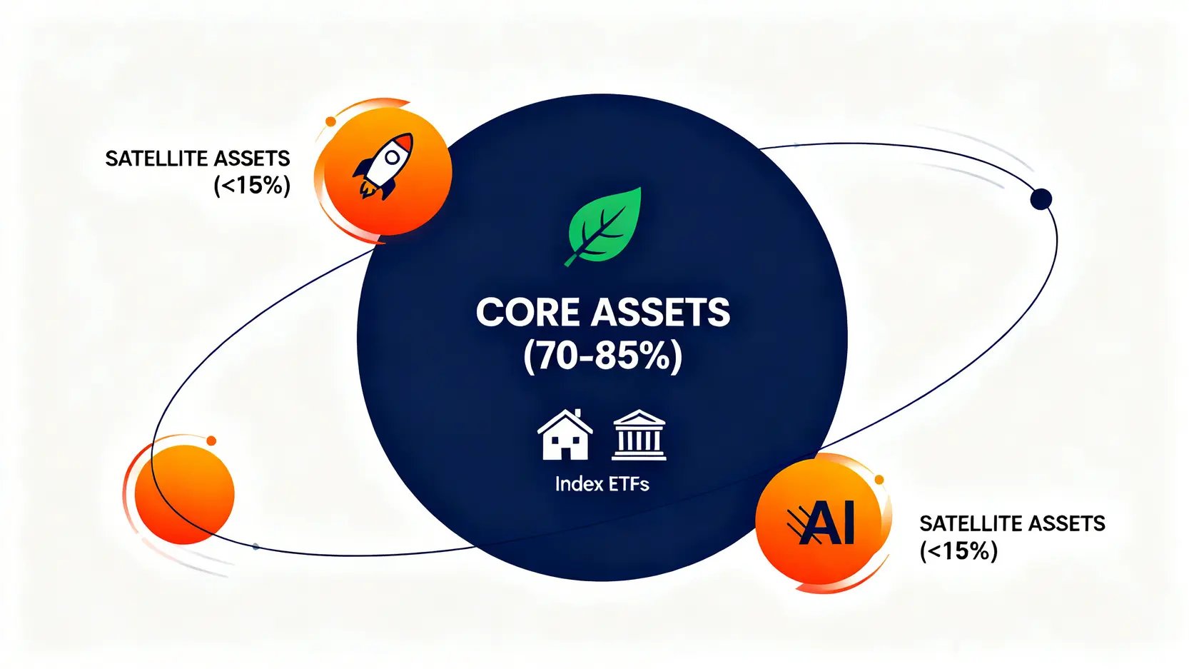 2026個人理財指南:5大抗風險策略與資產配置實戰表 3 投資組合的核心-衛星配置法示意圖,中心為穩健的核心資產ETF,周圍環繞著高風險的衛星資產。