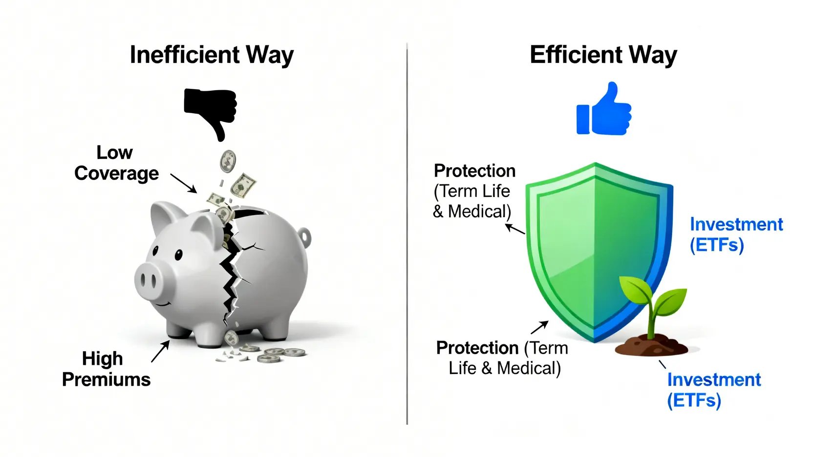 2026個人理財指南:5大抗風險策略與資產配置實戰表 4 儲蓄險與「保險歸保險、投資歸投資」的觀念對比圖,顯示後者在保障與資產增長上的優勢。