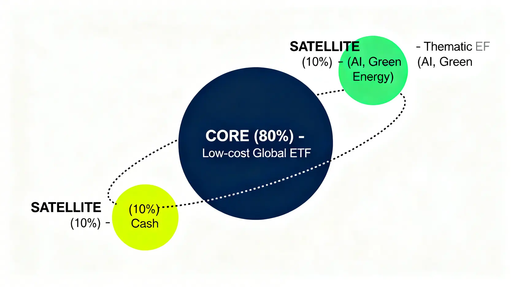 2026自在理財的真相:實測三大平台隱藏成本與風險回報率 3 核心-衛星投資策略示意圖,中間是佔80%的核心資產(全球ETF),周圍環繞著佔20%的衛星資產(主題ETF和現金)。