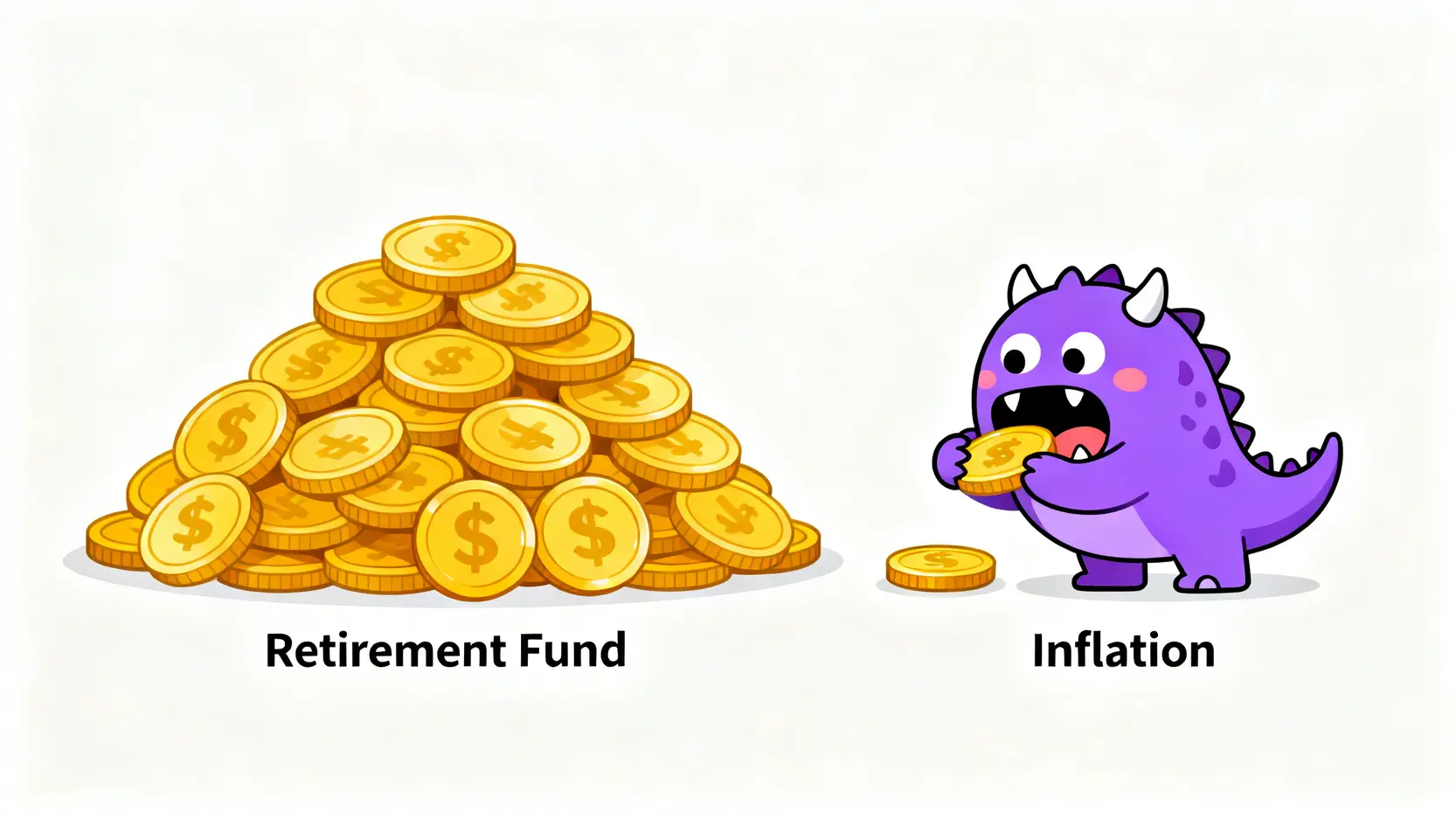2026台灣退休年齡新制衝擊:勞保會破產?專家精算你的真實退休金缺口 2 一隻代表通貨膨脹的怪獸正在吃掉一堆標示為退休基金的金幣,說明通膨會降低儲蓄的實際價值。