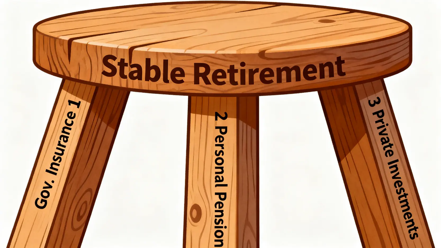 2026台灣退休年齡新制衝擊:勞保會破產?專家精算你的真實退休金缺口 3 一個代表穩固退休生活的三腳凳,三隻腳分別標示為政府保險、個人退休金和私人投資,象徵退休三大支柱。