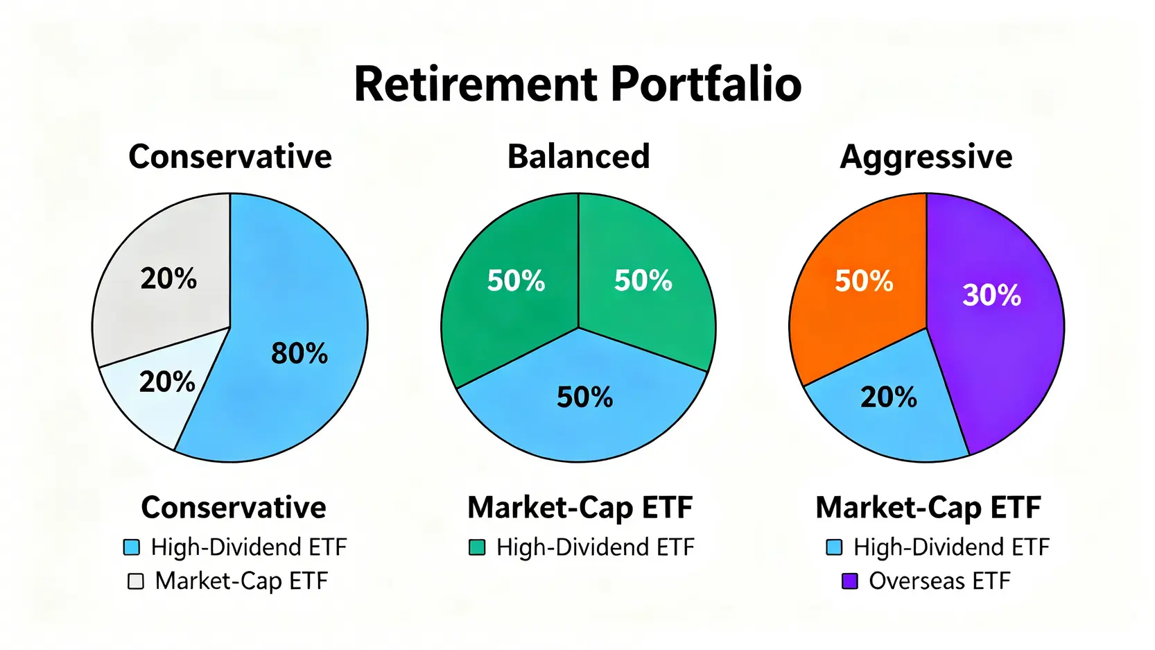 一個人退休的財務生存指南(2026版):沒人教你的風險與資產配置 3 三種退休ETF投資組合的資產配置餅圖,分別為保守型、穩健型與積極型策略。