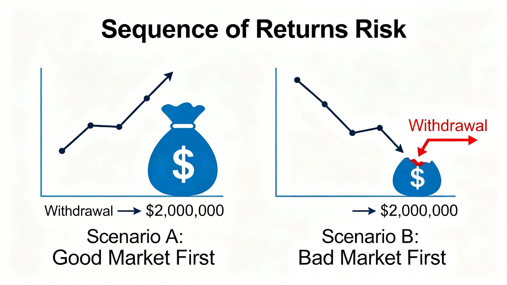 一個人退休生活如何規劃?2026財務藍圖與3種現金流策略 2 序列回報風險對比圖,顯示在牛市與熊市退休時提款對本金的不同影響。
