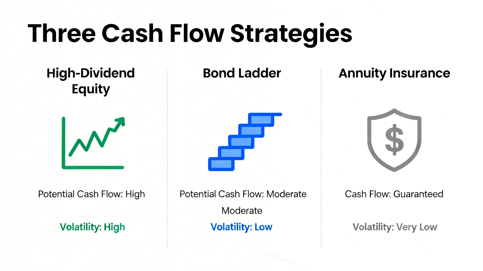 一個人退休生活如何規劃?2026財務藍圖與3種現金流策略 3 三種退休現金流策略比較圖:高股息資產、債券階梯與年金保險的現金流與波動度對比。