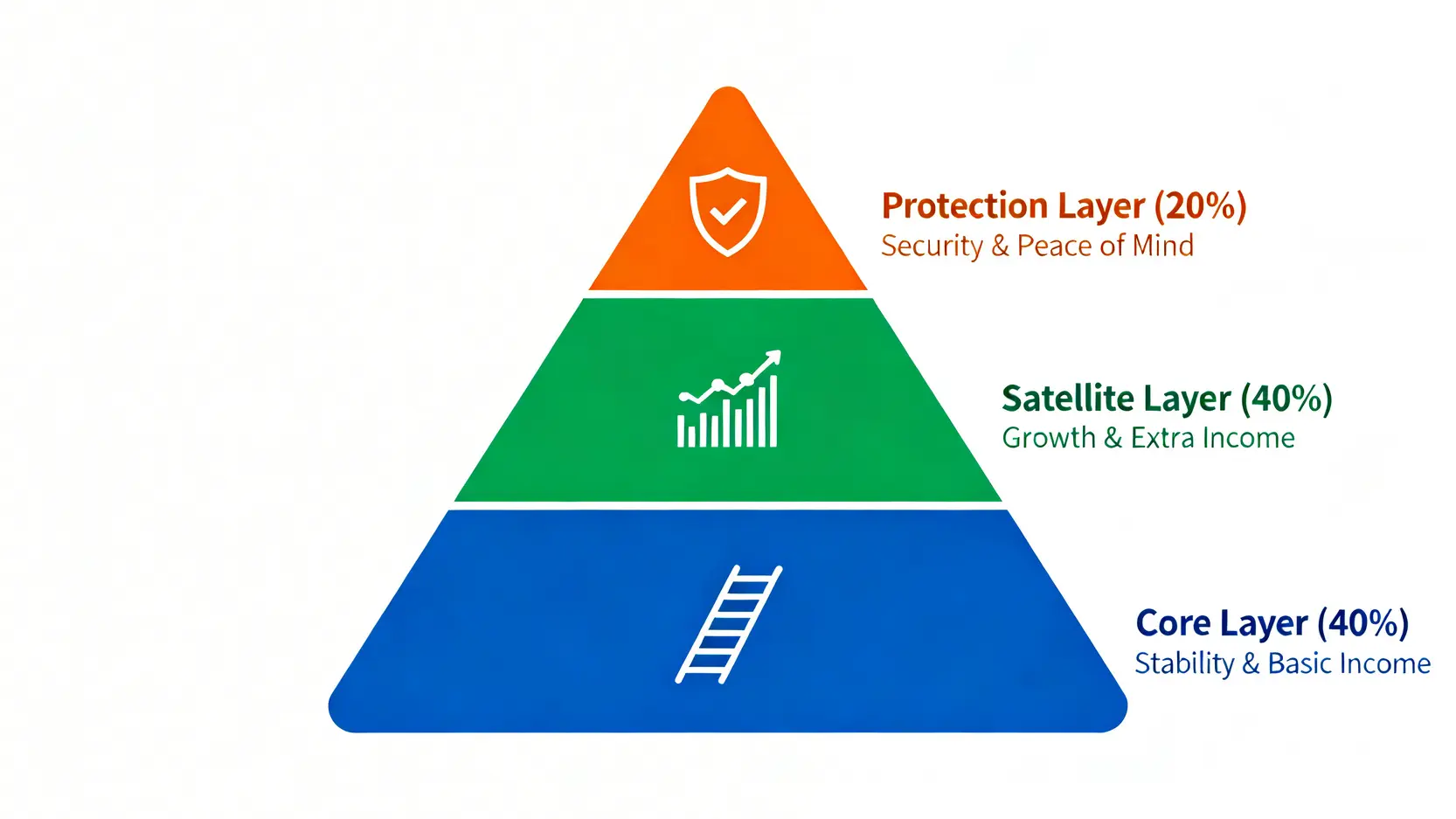 一個人退休生活如何規劃?2026財務藍圖與3種現金流策略 4 穩健退休投資組合金字塔圖,展示核心層債券、衛星層股票與保障層保險的三層配置。