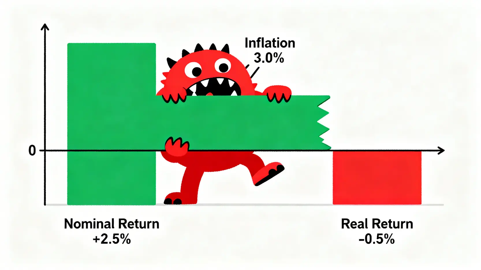 【2026退撫儲金完整指南】教你算真實報酬率、避開隱藏成本 2 一張概念圖解釋真實報酬率,顯示一個通膨怪獸吃掉名目報酬率的一部分,導致最終報酬為負值。