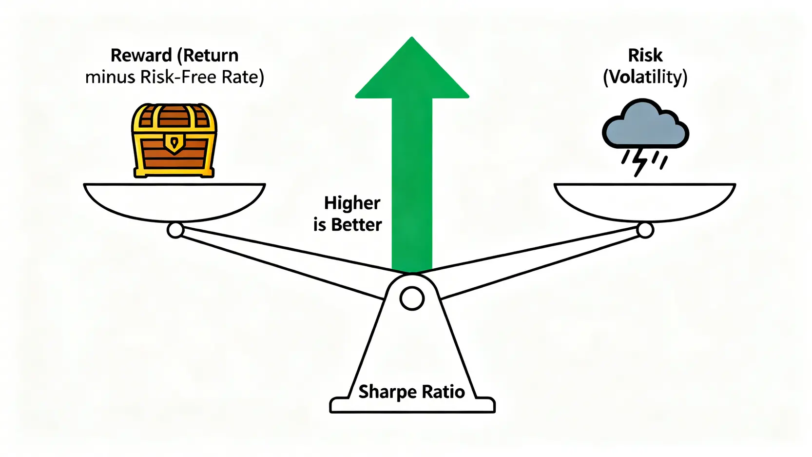 2026退撫儲金績效分析:保守/穩健/積極型哪個好?一表看懂風險與費用 3 夏普比率概念示意圖,一個天平正在衡量報酬與風險,顯示夏普比率越高代表投資CP值越高。