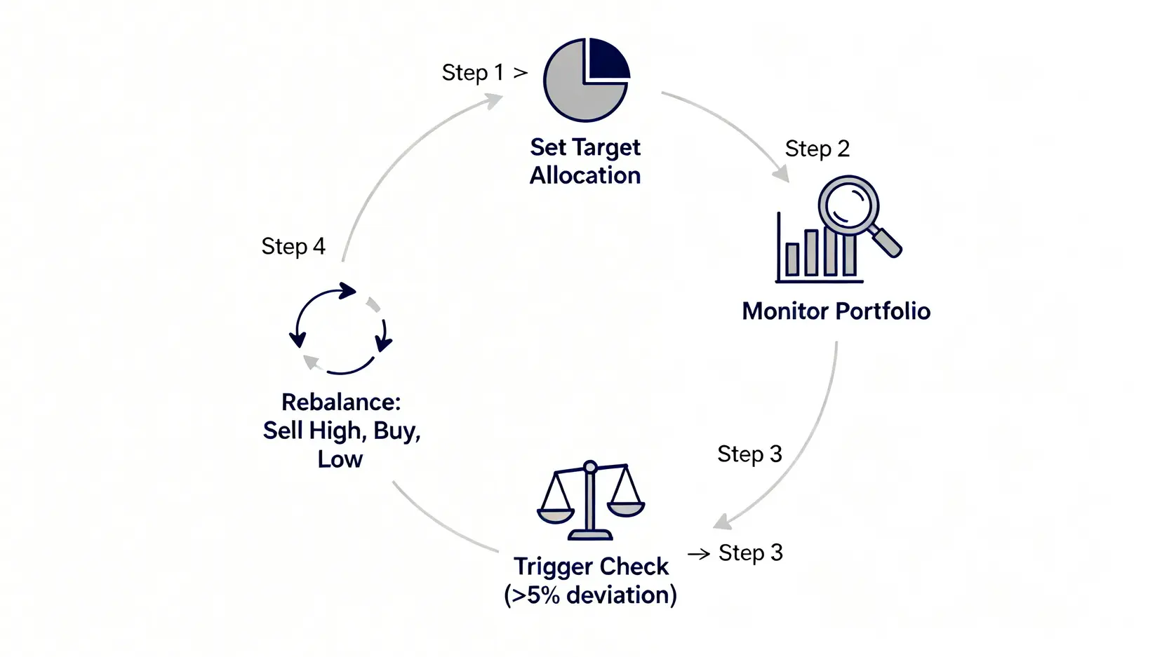 理財規劃2026壓力測試:你的資產能抗住 4%通膨與衰退風險嗎? 4 投資組合動態再平衡四步驟循環圖