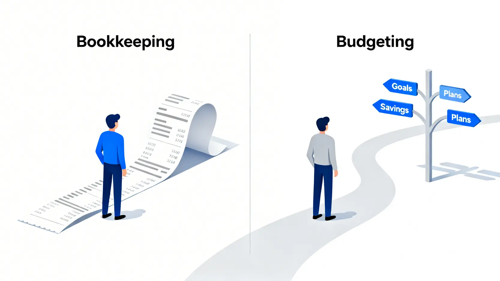 2026兒童理財教育指南:拆解5大教學陷阱與四大工具量化對比 2 一張對比圖,左邊是代表回顧過去的記帳,右邊是代表規劃未來的預算。