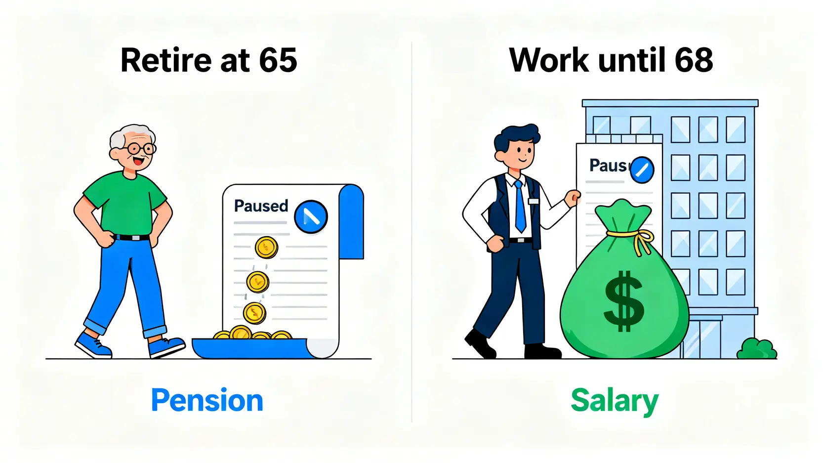 2026財務精算:多賺3年薪水 vs. 提早領退休金的決策指南 2 65歲準時退休與68歲延後退休的財務路徑對比圖。