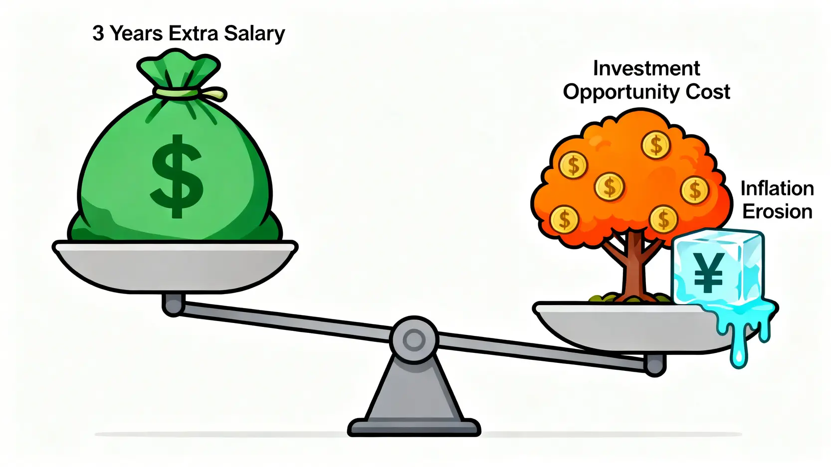 2026財務精算:多賺3年薪水 vs. 提早領退休金的決策指南 3 延後退休的財務平衡圖,顯示額外薪資與機會成本及通膨風險之間的權衡。