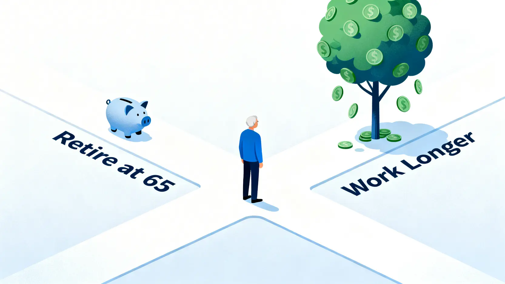 【2026退休金精算】延後退休IRR報酬率解析:一篇看懂你的財務決策是賺是虧 2 一位長者站在退休十字路口的示意圖,一條路通往65歲退休的靜態儲蓄,另一條路通往延後退休的資產增長。