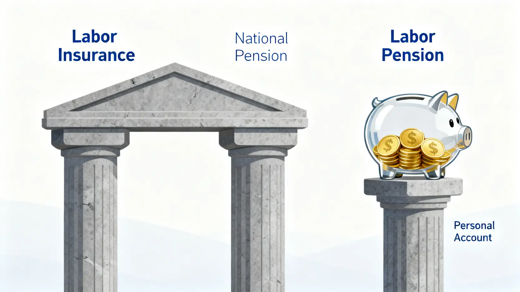 【2026退休金指南】老人年金幾歲領?一張表看懂勞保/國保/勞退陷阱 2 三大退休金系統概念圖:勞保、國保與勞退的性質差異
