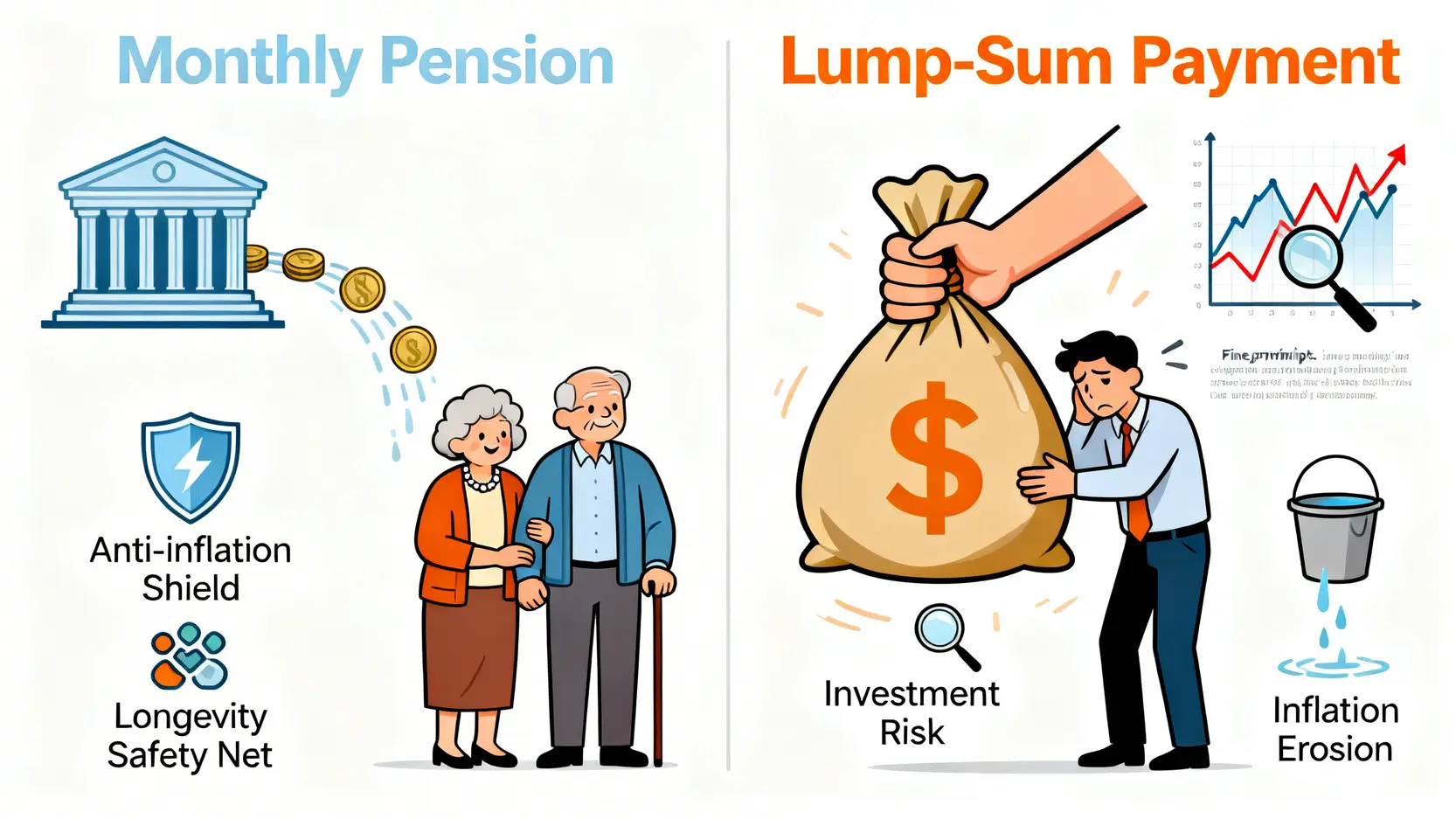 2026勞保年金幾歲領?退休金月領/一次領風險決策表 3 勞保年金月領與一次領的風險與優點對比圖
