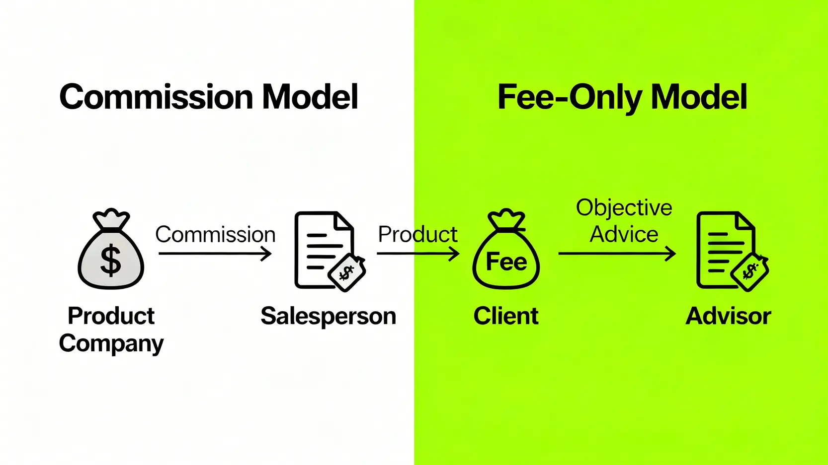 【2026理財顧問費用大揭密】秒懂4大收費模式和利益衝突 3 佣金制與只收顧問費模式的對比圖,顯示資金流動和利益關係。