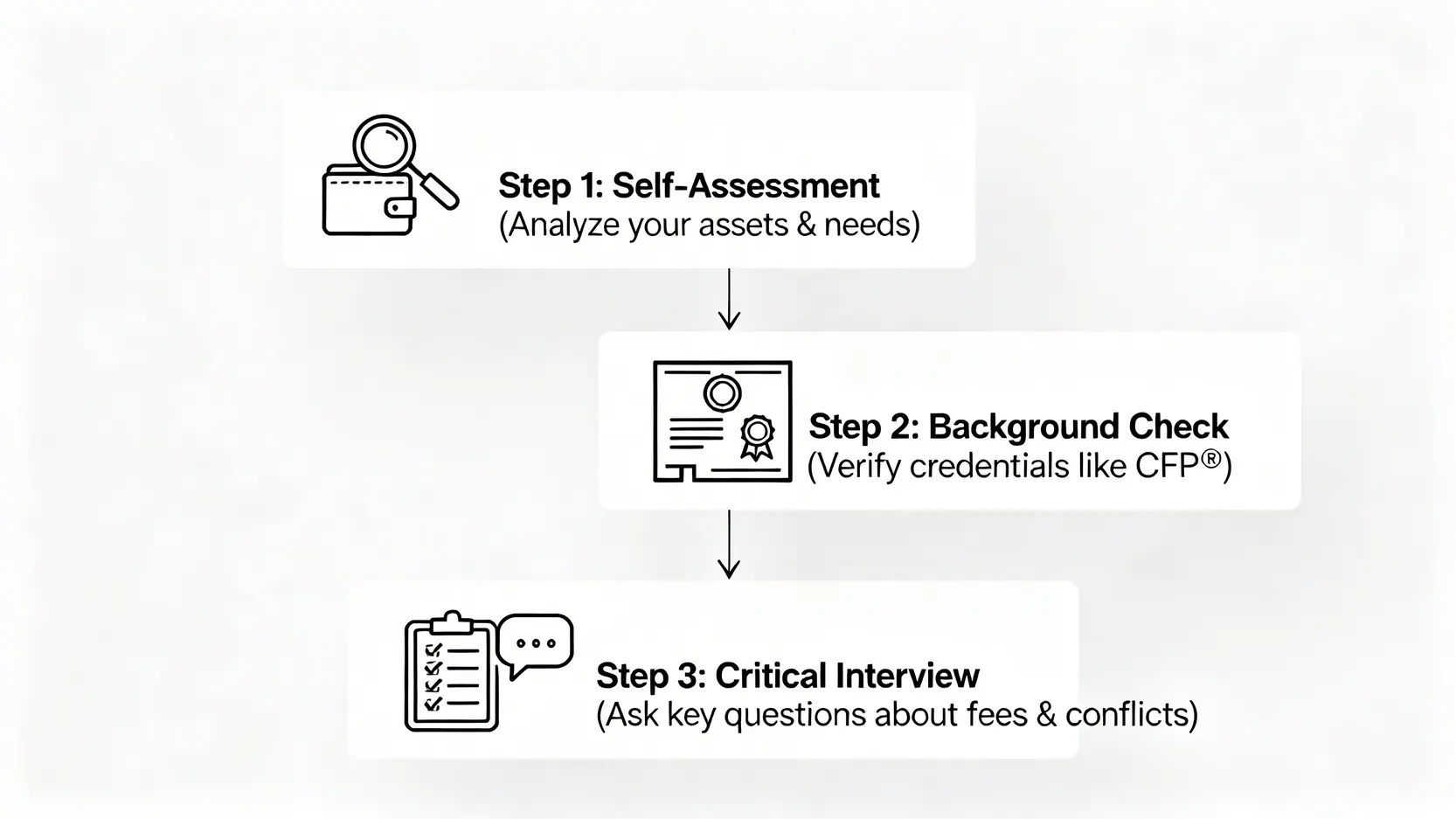 【2026理財顧問費用大揭密】秒懂4大收費模式和利益衝突 4 篩選理財顧問的三步驟流程圖:自我診斷、背景調查、關鍵面談。