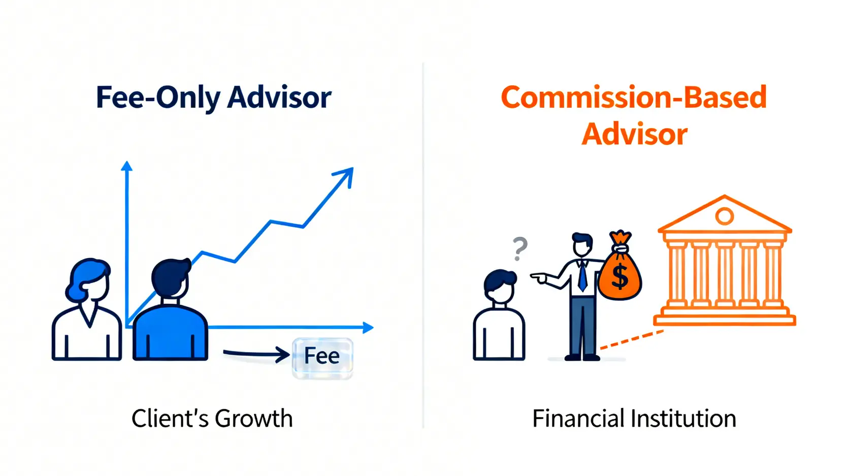 2026理財顧問費用陷阱:秒懂AUM、佣金制差異 2 理財顧問兩種收入模式對比圖,顯示收費制顧問與客戶利益一致,而佣金制顧問可能存在利益衝突。