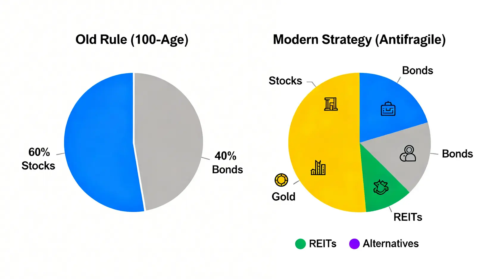40歲資產配置策略:3個抗通膨投資組合與ETF推薦 2 傳統的100減年齡投資法則與現代抗脆弱投資組合的對比圖,顯示後者資產類別更多元。