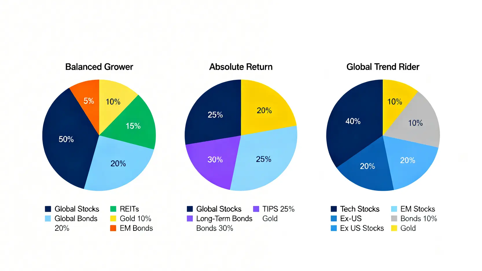 40歲資產配置策略:3個抗通膨投資組合與ETF推薦 3 三種投資組合模型的資產配置圓餅圖,分別為穩健增長型、絕對收益型與全球趨勢型。