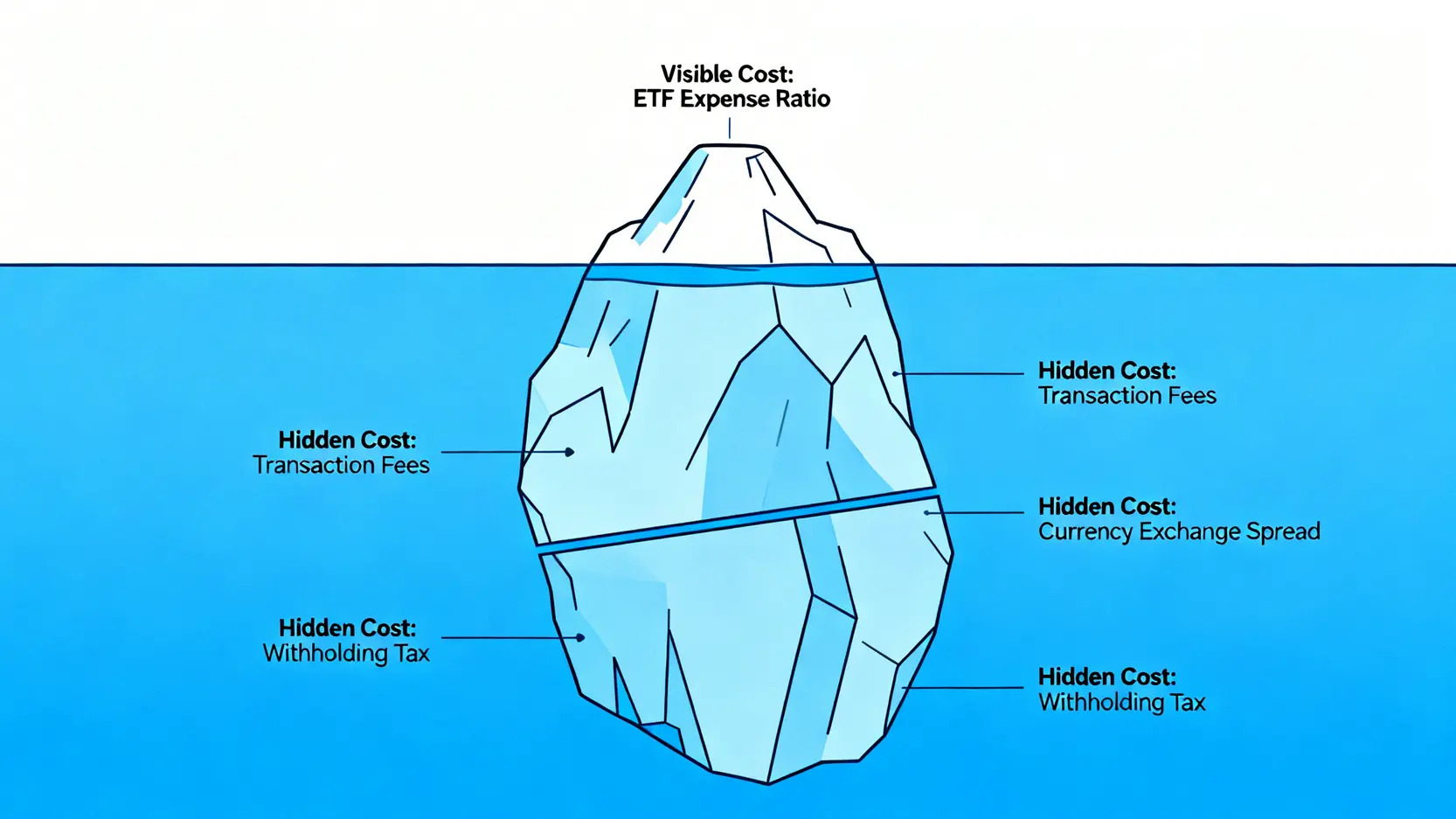 40歲資產配置策略:3個抗通膨投資組合與ETF推薦 4 ETF總持有成本的冰山圖,顯示管理費只是可見的一小部分,水面下還隱藏著交易費、匯差等更多成本。