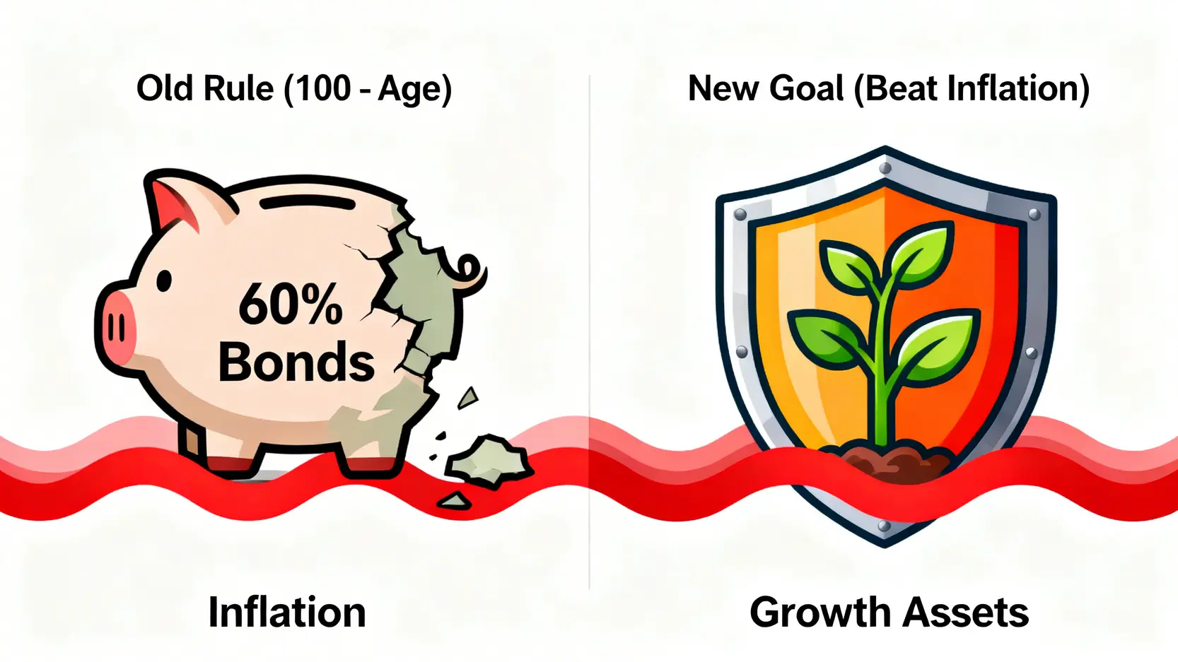 40歲資產配置核心策略:一套抗通膨的ETF投資組合(2026年版) 2 圖表對比傳統100法則與現代資產保值思維,顯示通膨如何侵蝕債券資產。